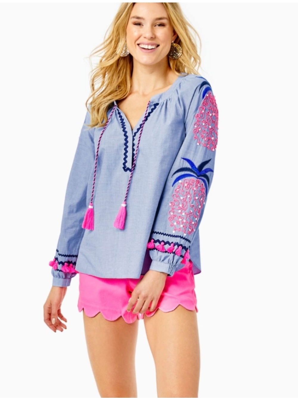 Lilly Pulitzer Blue Chambray Embroidered Pineapple Haddie Tunic Top Size S